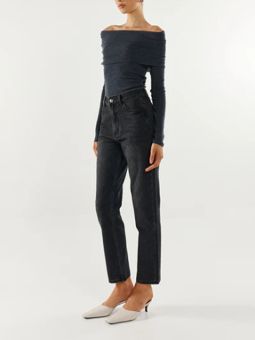 Charcoal grey off shoulder long sleeve knit top&nbsp;